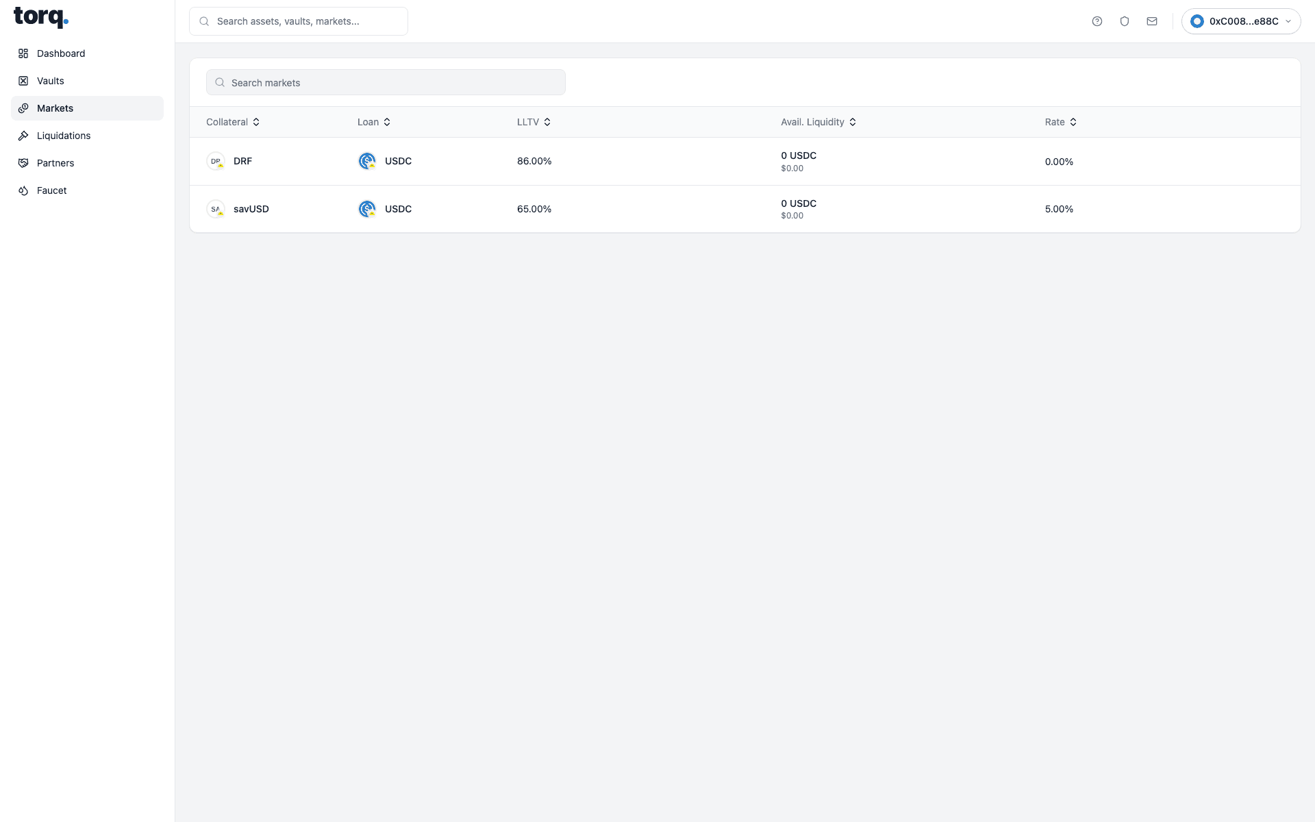 Real Torq frontend showing borrower market discovery with end-user navigation