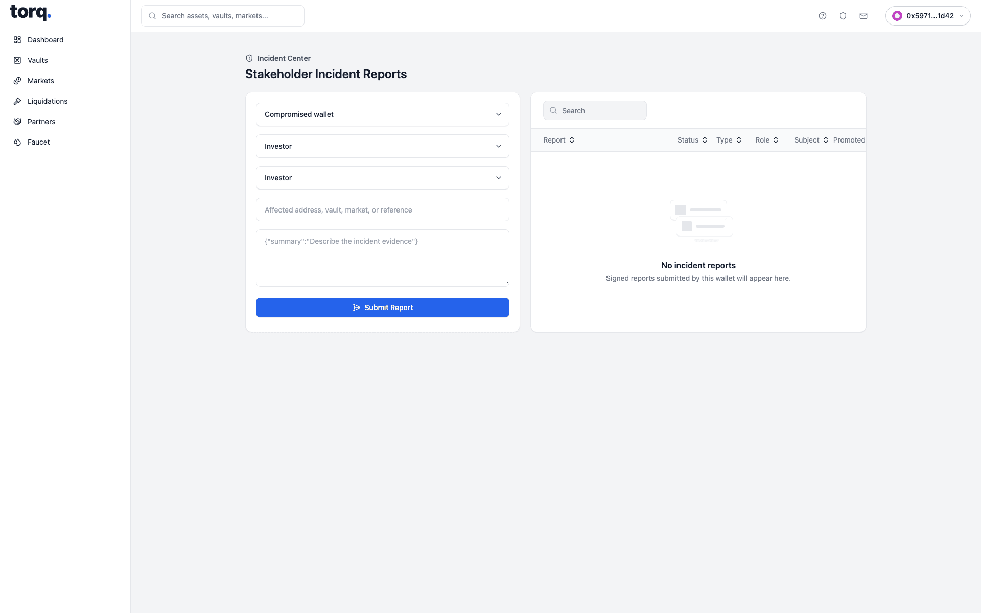 Real Torq frontend showing stakeholder incident report surface