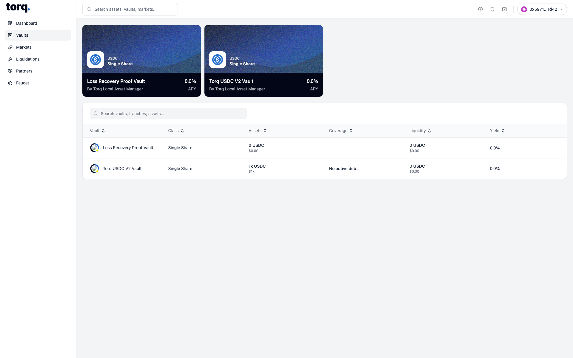 Real Torq frontend showing lender vault discovery with end-user navigation