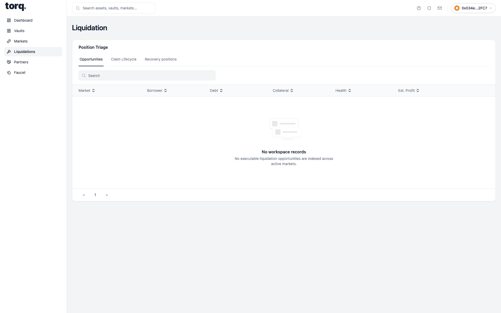 Real Torq frontend showing liquidator opportunities with end-user navigation