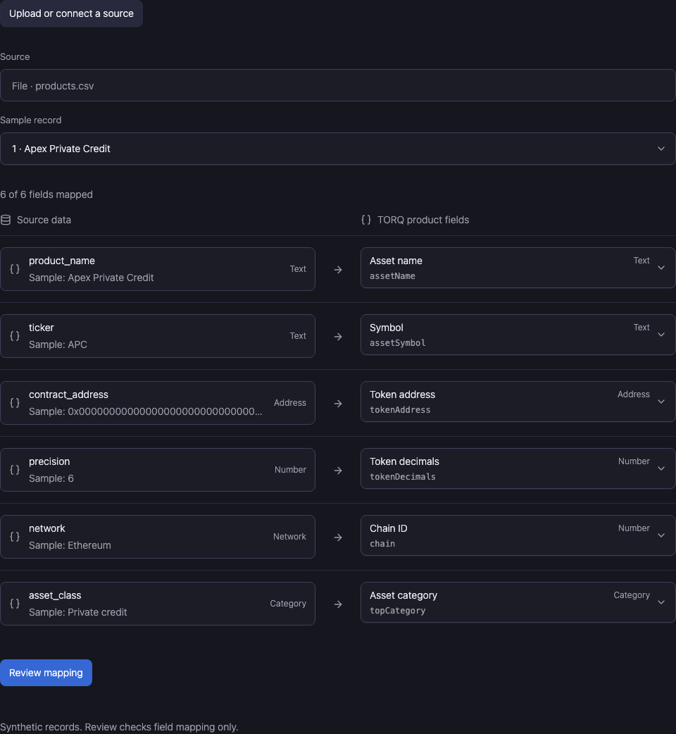 Map and review imported fields: actual product controls.