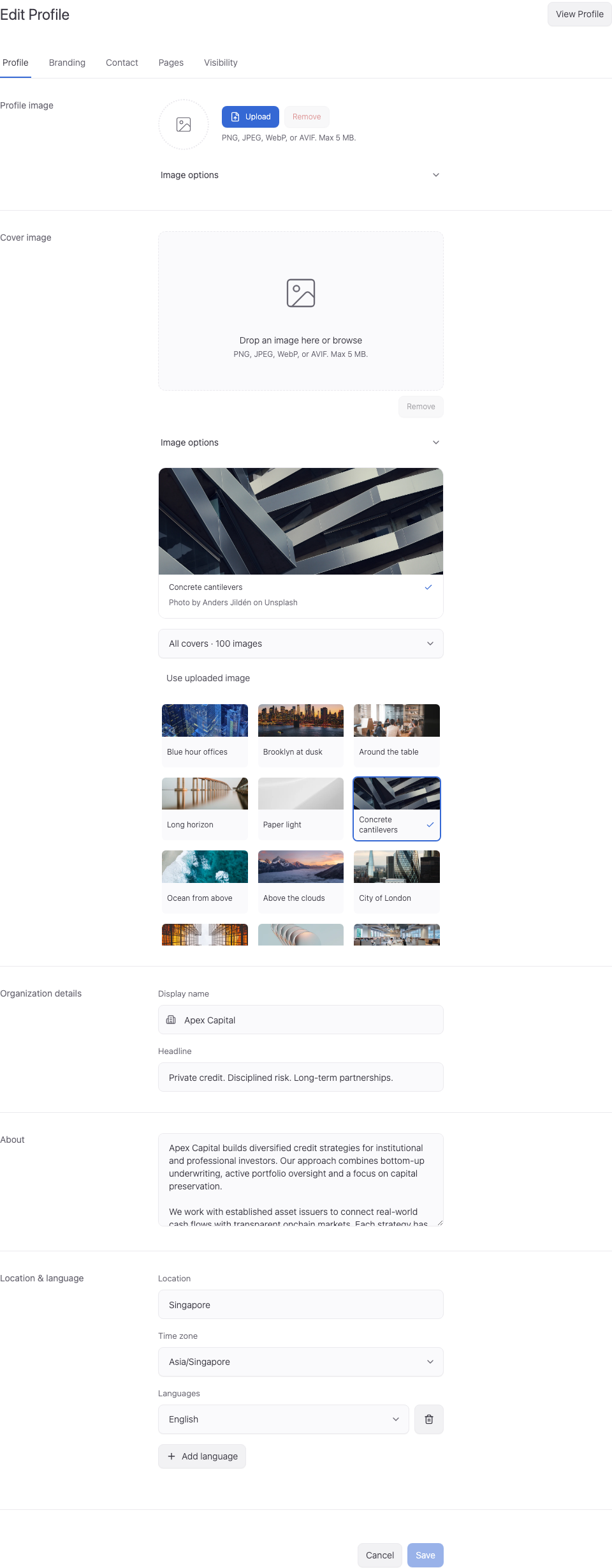 Manage a public profile: actual product controls.