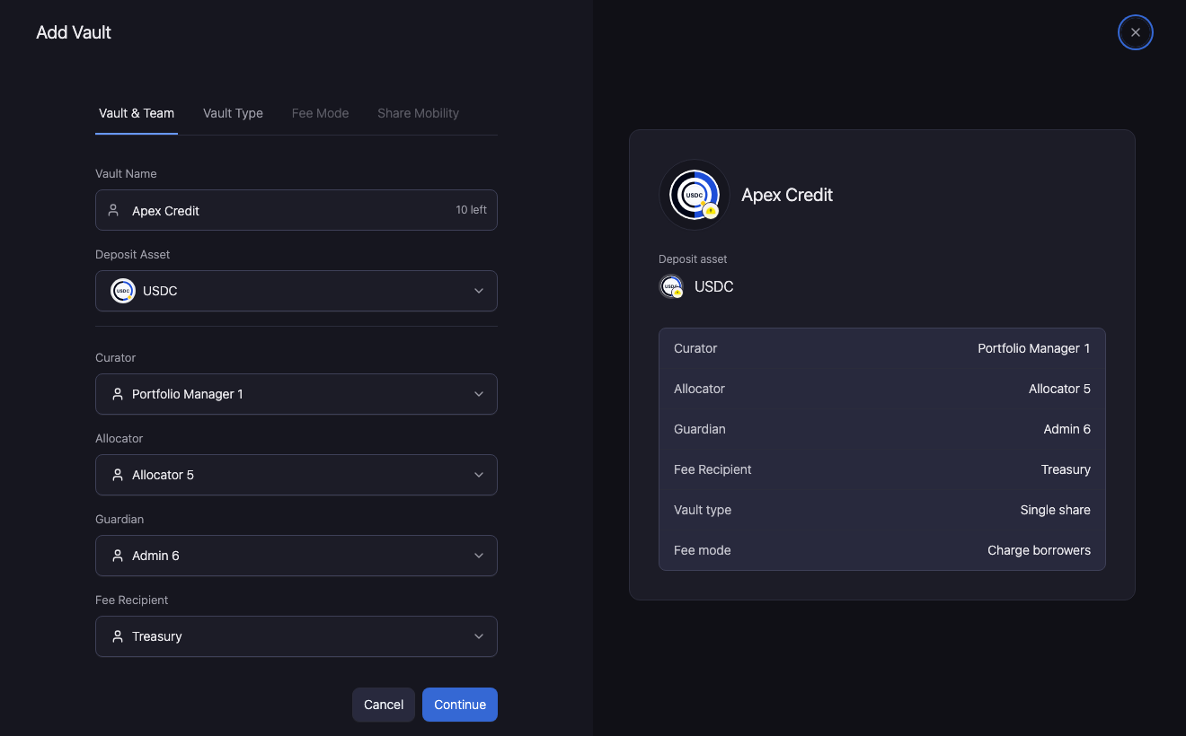 Create and configure a vault: actual product controls.