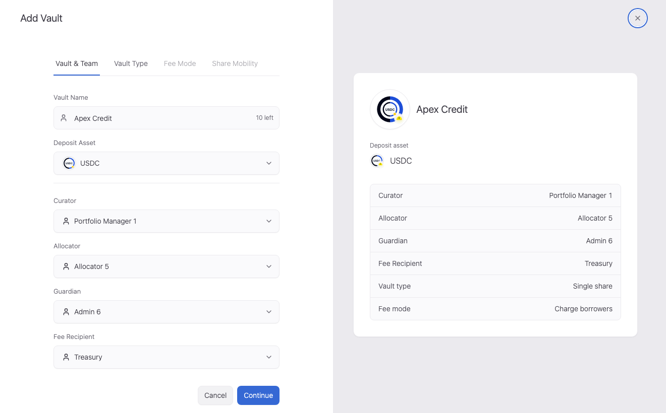 Create and configure a vault: actual product controls.